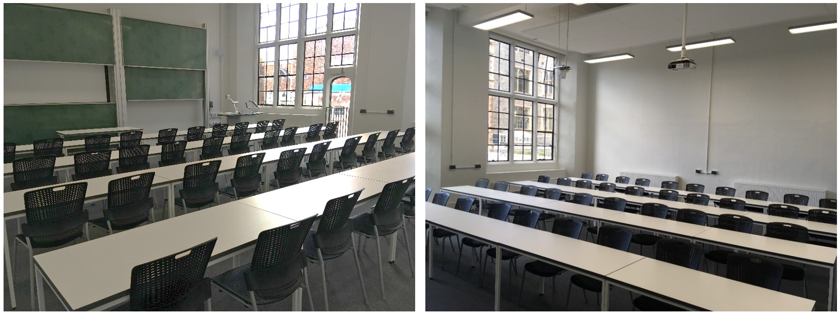 Tables and chairs in rows facing the teaching wall.